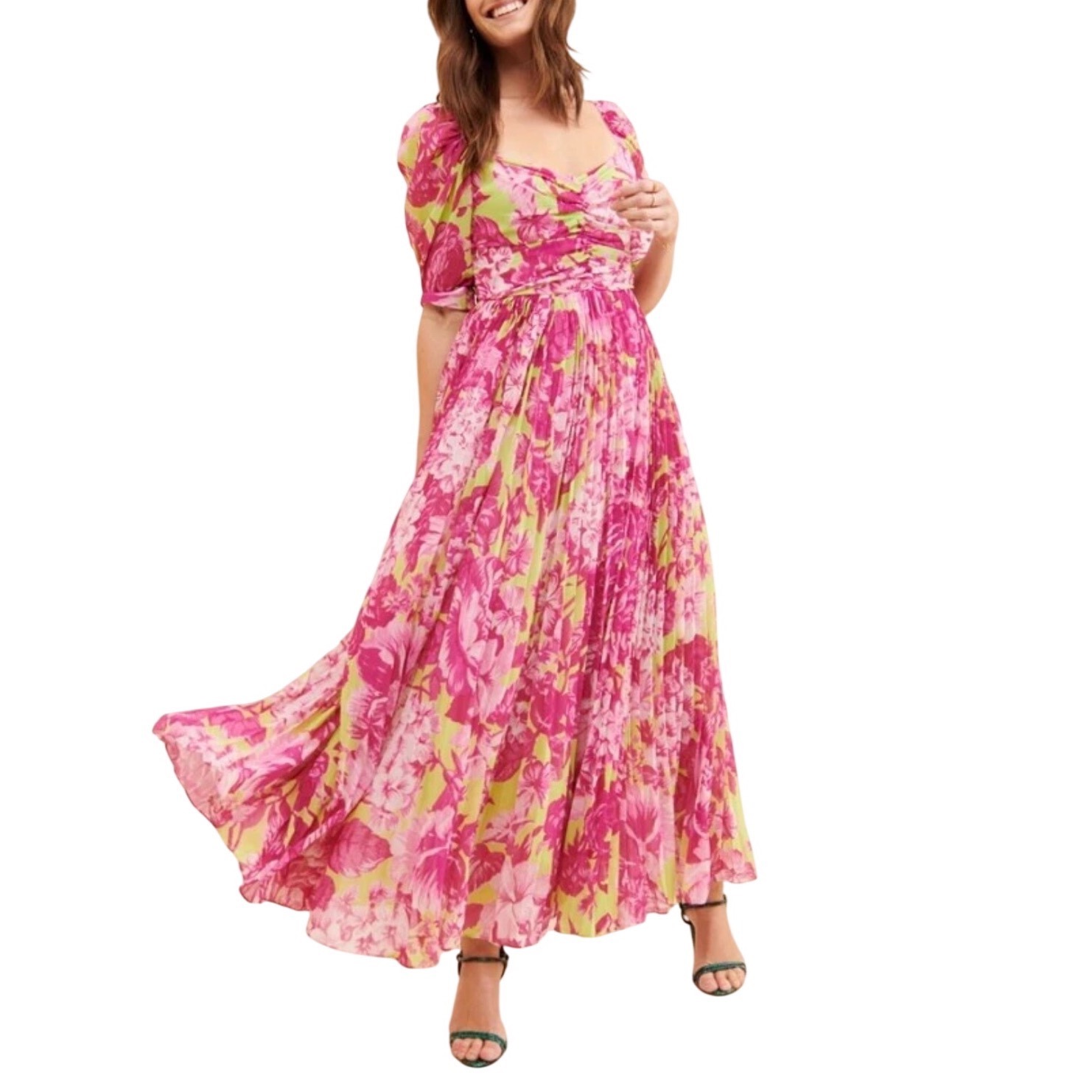 R1 Rococo Sand Havana Floral Maxi Dress Pink Green Puff Sleeve Boho Resort M